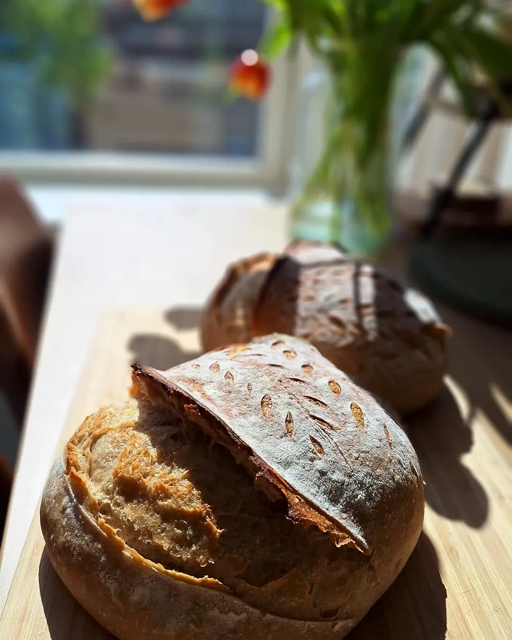 Versgebakken zuurdesembroden op een houten plank